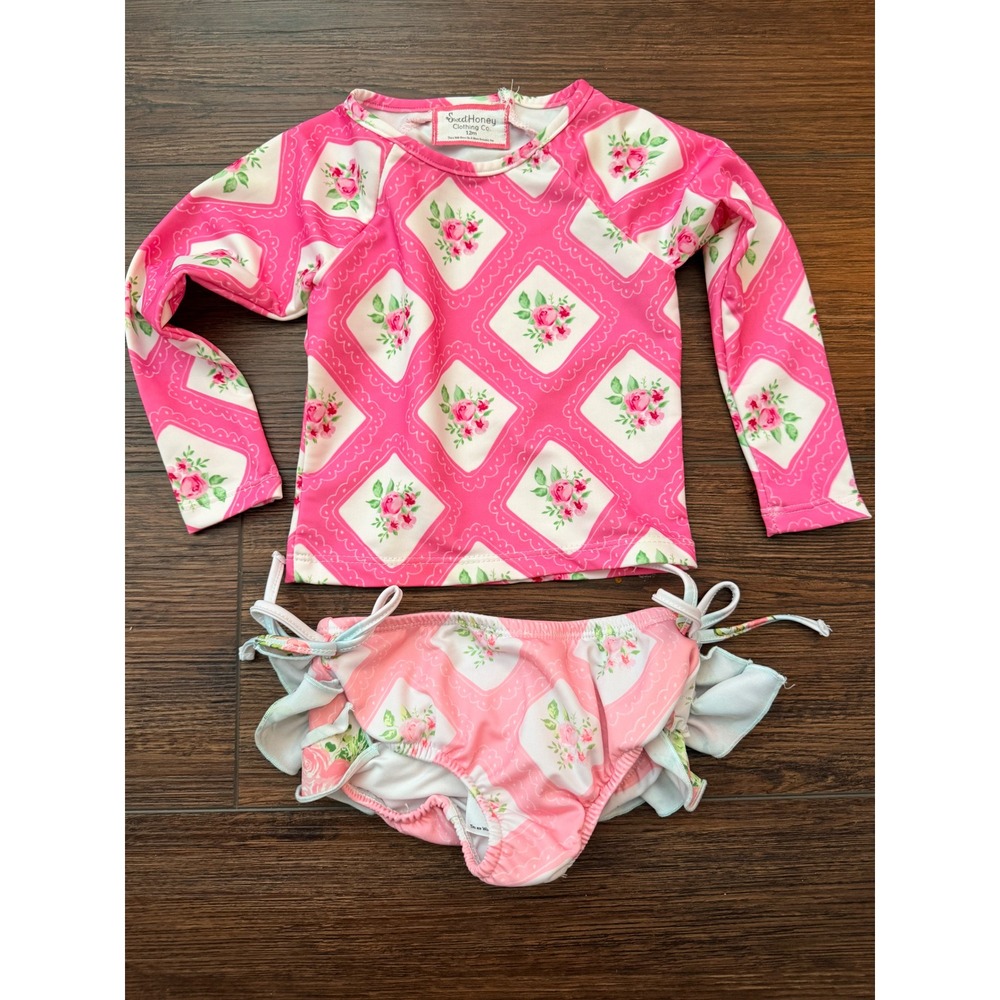SweetHoney Pink Floral Rash Guard Ruffle Swimsuit Set 12M Girls 2 Piece Swimwear